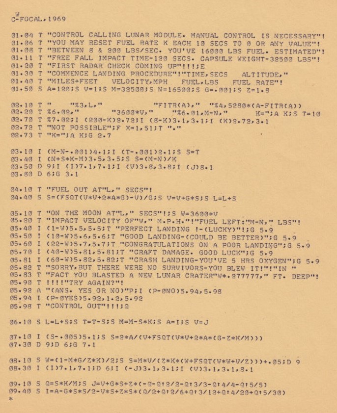 Lunar Lander program (James Storer, DECUS Number FOCAL8-81)